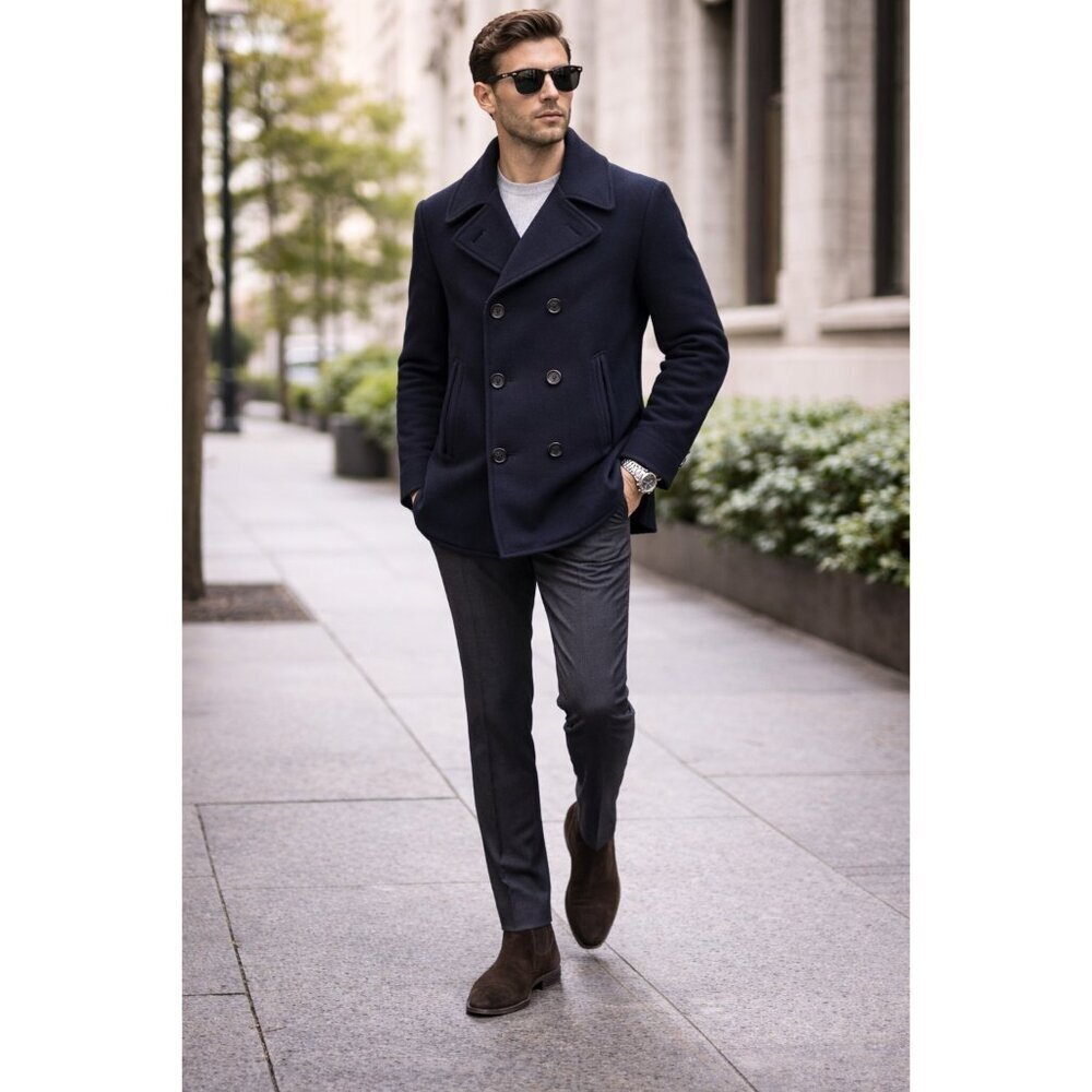 Club Monaco Navy Wool Blend Peacoat Men’s Double Breasted Classic Coat Size S/M